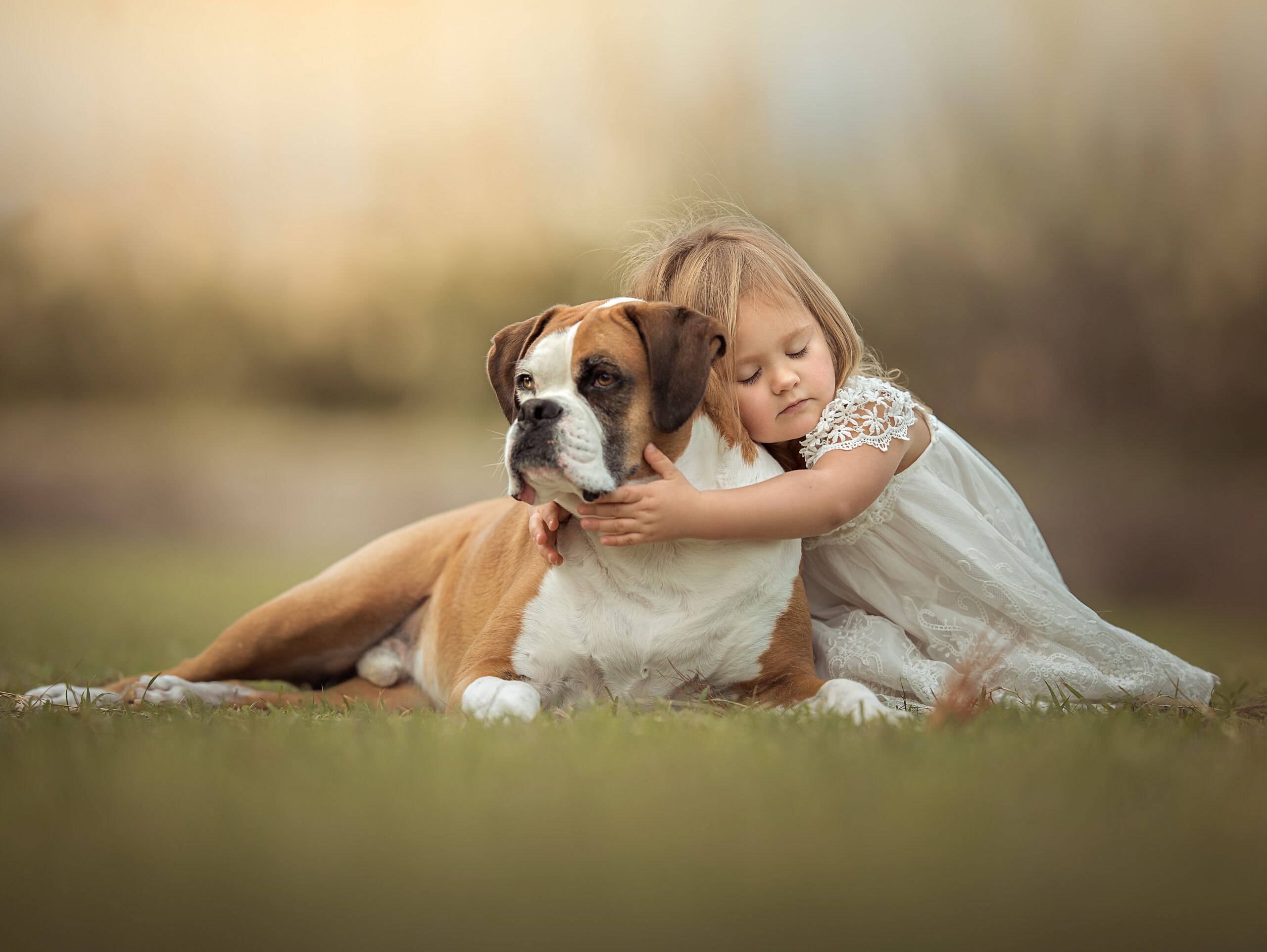 little girl holding a dog