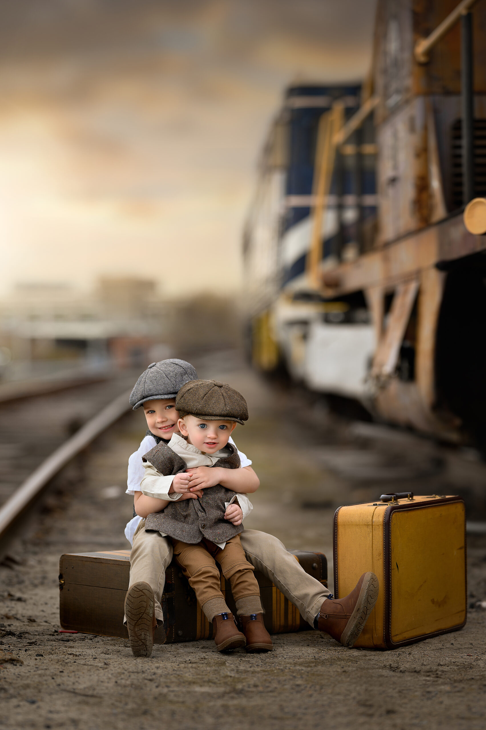 children sitting on suitcases near a train station